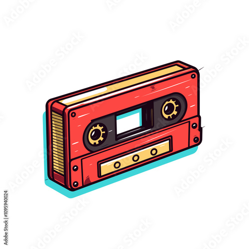 Retro cassette tape in bold vector design with vibrant colors in a playful style