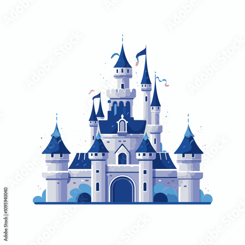 Enchanting blue castle design with tall towers and flags for a whimsical travel theme