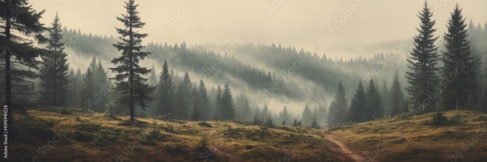 Fototapeta premium Misty landscape with fir forest in vintage retro style