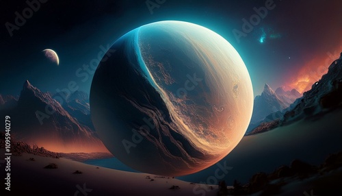 Extrasolar planet with atmosphere and moon photo