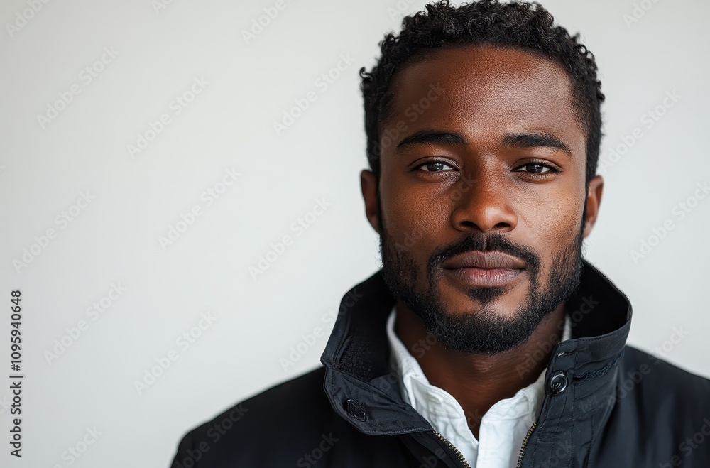 African American man in a black jacket posing with confidence outdoors African American man in a black jacket posing with confidence outdoors