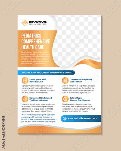 Pediatrics comprehensive health care clinic flyer design template, medical therapy flyer, Children counseling poster leaflet template. brochure on vertical layout with photo space. white background.