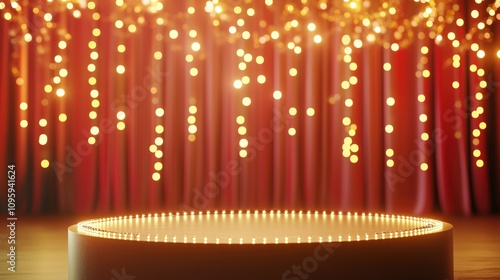 A podium with sparkling holiday lights, surrounded by an empty space for marketing messages or product promotion.