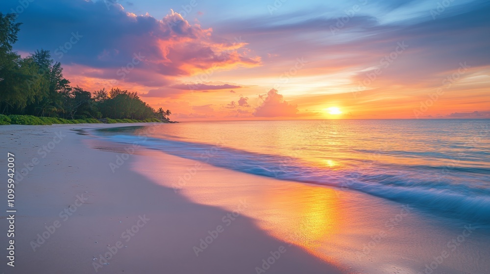 Serene sunset over a tropical beach with gentle waves lapping the shore. Serene sunset over a tropical beach with gentle waves lapping the shore.