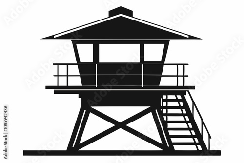 Lifeguard tower Silhouette vector, Safeguard tower black on a white background,Watchtower, Observation tower, Military camp tower | vector silhouette illustration on white background,camping tower.