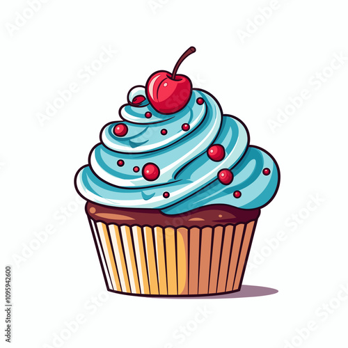 Cupcake with blue frosting and cherry on top presented in colorful vector art style