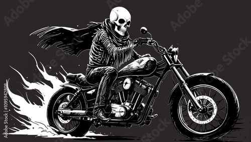 Skeleton riding a motorcycle in a dark and surreal landscape with dynamic motion elements