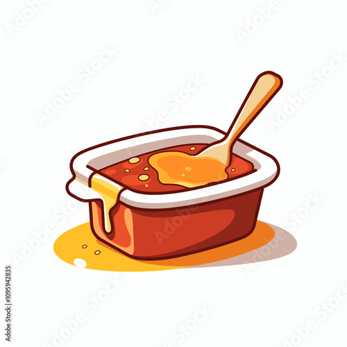 Vector art of a bowl of honey with a wooden spoon on a white background, perfect for illustrating sweetness and natural foods