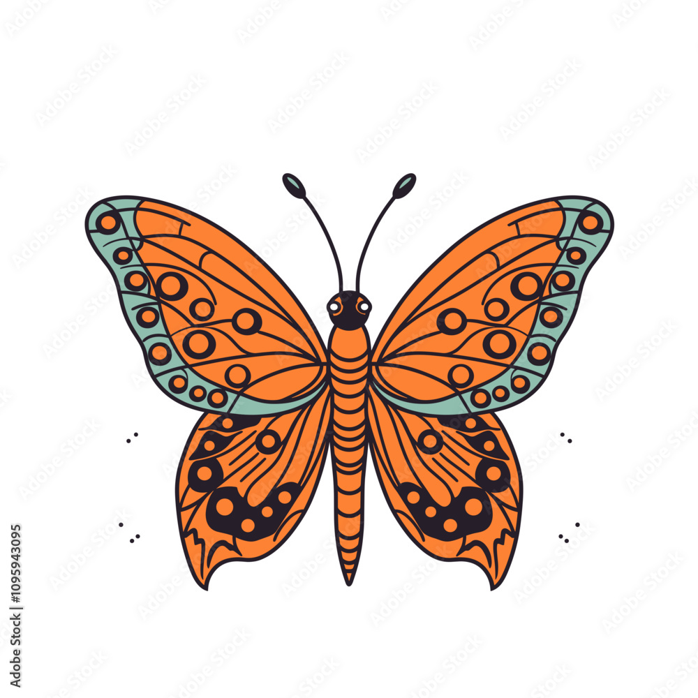 Obraz premium Colorful vector art of a butterfly featuring orange wings with turquoise accents and intricate designs on a plain background