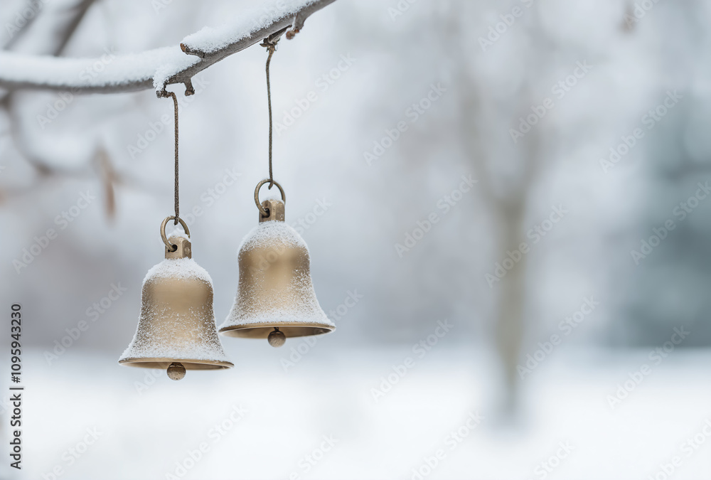 Obraz premium Zwei schneebedeckte goldene Glocken, hängend an Ast in winterlicher Landschaft, Symbol für festliche Weihnachten, Dekoration und Karte