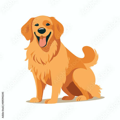 Happy golden retriever sitting in a playful pose against a simple background
