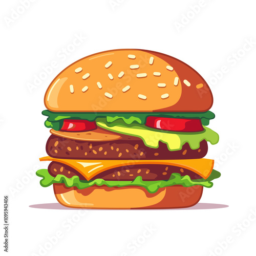 Delicious vector art depicting a classic hamburger with layers of meat, cheese, and fresh vegetables