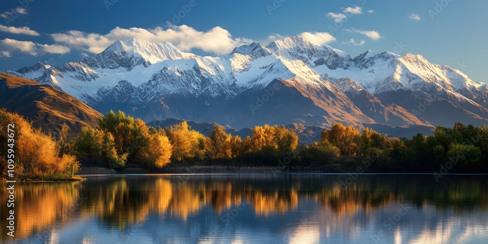 Fototapeta premium Autumn Reflection with Snowy Mountains