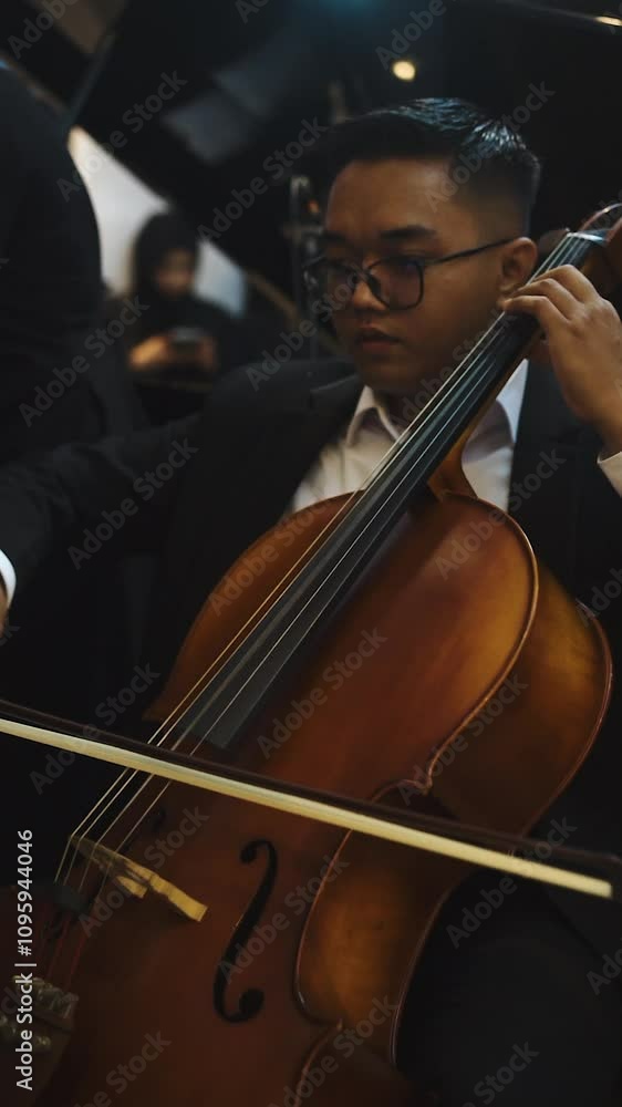 A Cinematic Musician playing cello at classical or orchestra concert with blurry background isolated A Cinematic Musician playing cello at classical or orchestra concert with blurry background isolated