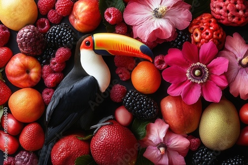 Toucan with fruits and flowers arrangement.