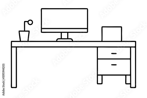 Office Desk with Computer | isolated silhouette vector illustration on white background