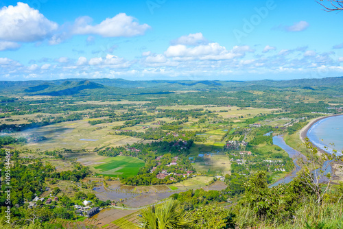 Aerial View of Lush Green Landscape and Coastline at the Top of Puncak Darma Ciletuh, Sukabumi - West Java, Indonesia