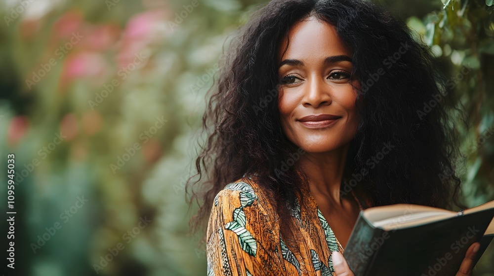 Photo of A relaxed trendy mixed-race african middle aged woman with long wavy hair with book Photo of A relaxed trendy mixed-race african middle aged woman with long wavy hair with book