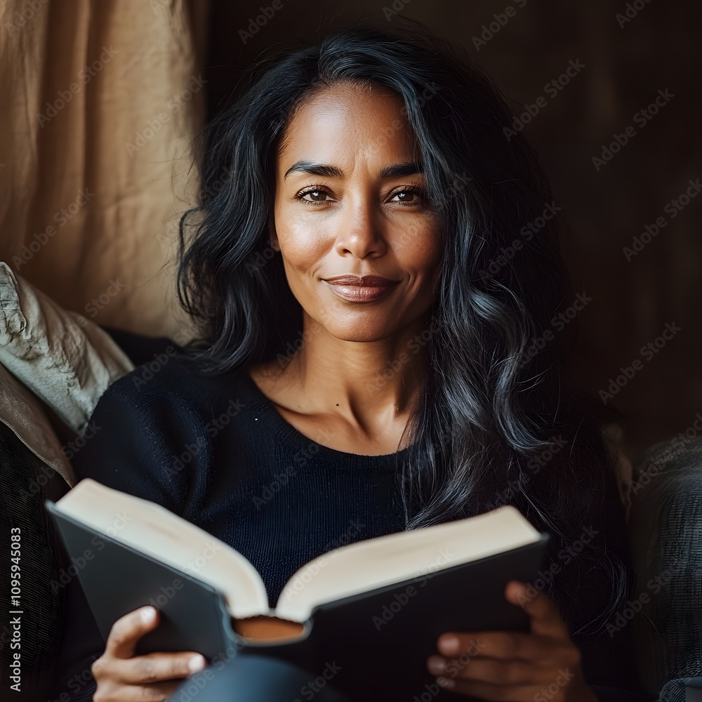 Photo of A relaxed trendy mixed-race african middle aged woman with long wavy hair with book Photo of A relaxed trendy mixed-race african middle aged woman with long wavy hair with book