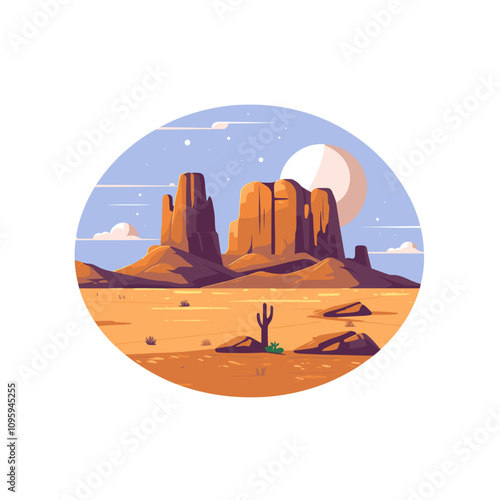 Majestic desert landscape featuring towering rock formations and a bright moon over a tranquil environment