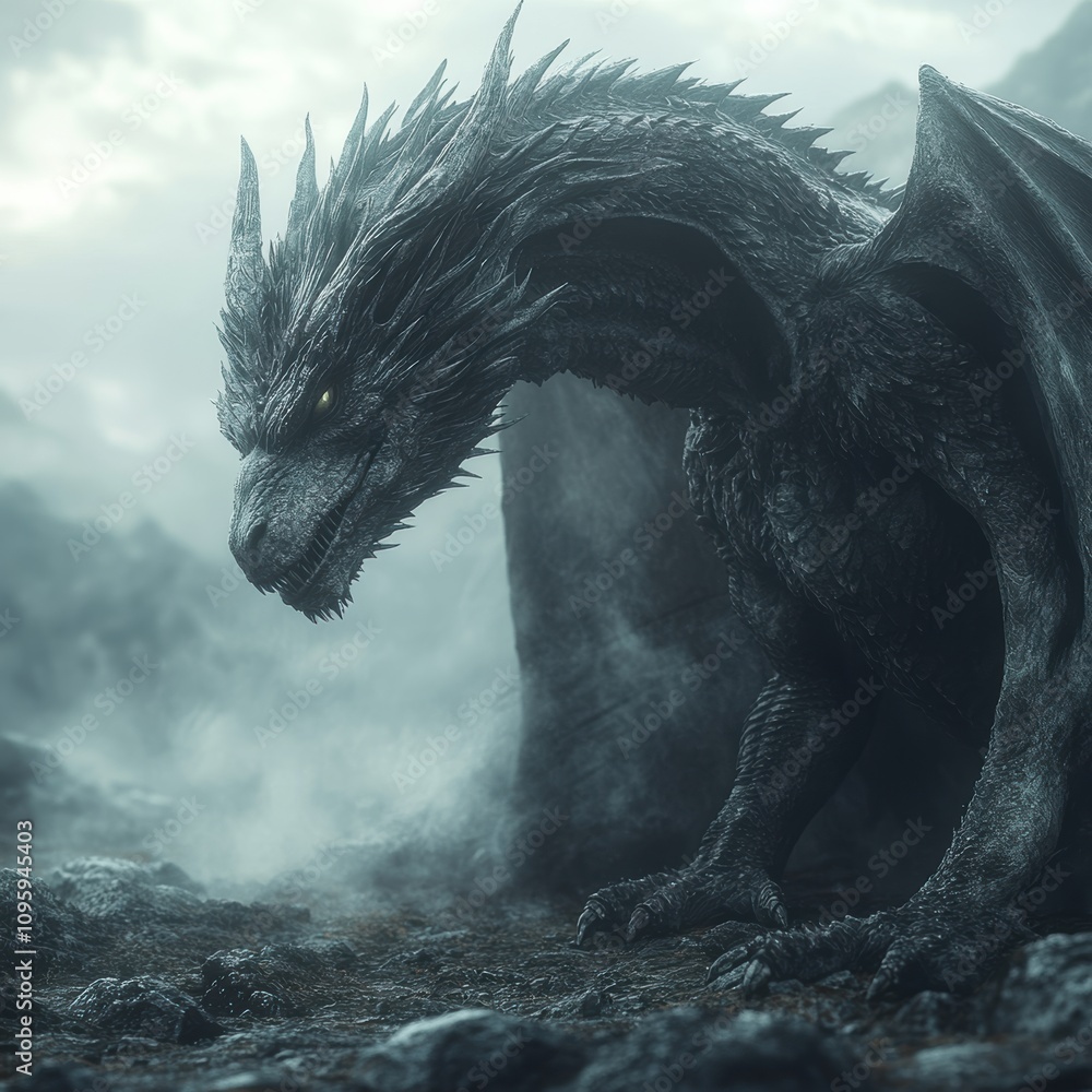 Obraz premium A powerful, dark gray dragon with bright yellow eyes sits in a misty, rocky landscape.