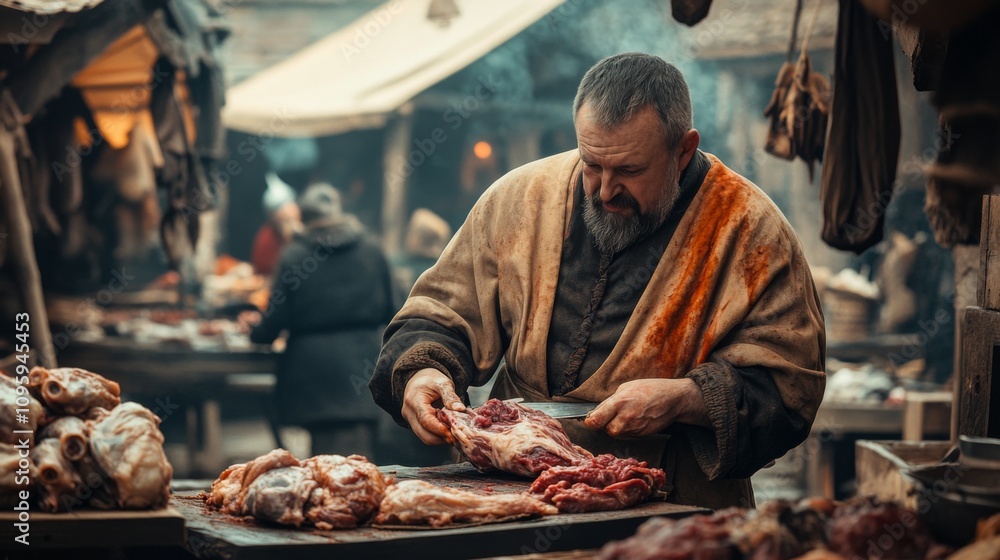 A butcher skillfully preparing fresh cuts in a bustling market. The scene captures the essence of traditional trade and the art of butchery. Generative AI. A butcher skillfully preparing fresh cuts in a bustling market. The scene captures the essence of traditional trade and the art of butchery. Generative AI.