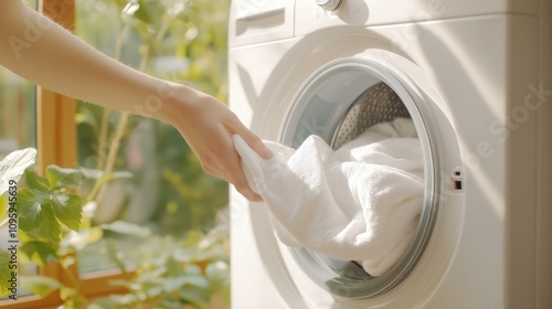 A person places a white cloth into a modern washing machine, surrounded by natural light and greenery.