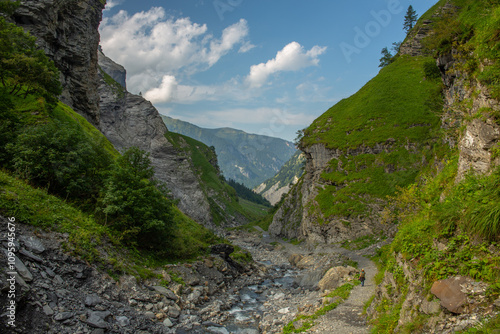 Traveller hiking on Alpine trail by cool waters of rocky stream in mountain landscape