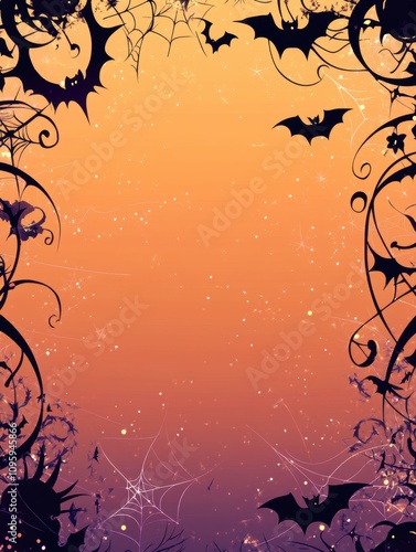 Orange and Purple Halloween Background with Bats and Vines.