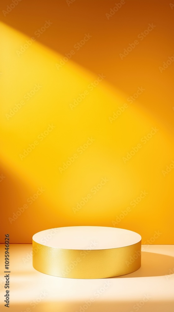 A minimalistic scene featuring a circular pedestal illuminated by warm light against a vibrant yellow background. A minimalistic scene featuring a circular pedestal illuminated by warm light against a vibrant yellow background.