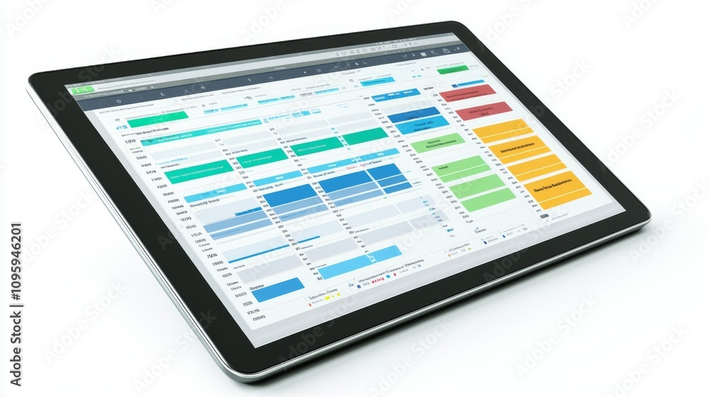 A sleek tablet displaying an advanced scheduling application. The interface showcases colorful calendar entries. Perfect for productivity and organization. Generative AI A sleek tablet displaying an advanced scheduling application. The interface showcases colorful calendar entries. Perfect for productivity and organization. Generative AI