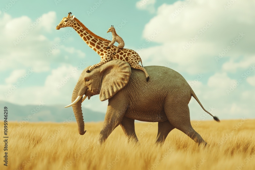 Fototapeta premium Giraffe riding an elephant on field. Friendship and cooperation concept