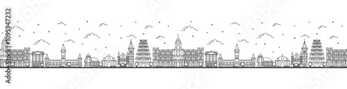 Seamless pattern with outline Chennai India City Skyline with Historic Buildings Isolated on White. Chennai Cityscape with Landmarks.
