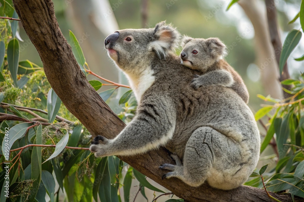 Naklejka premium Mother koala with baby on her back