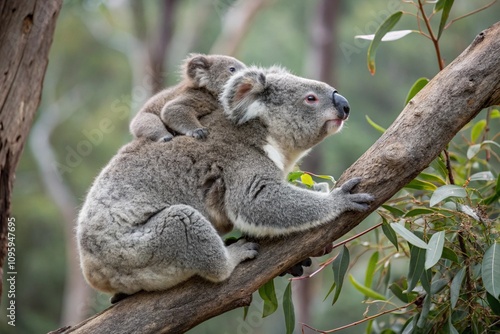 Mother koala with baby on her back