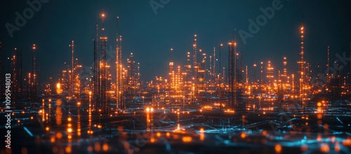 Futuristic cityscape at night with glowing orange and blue lights.