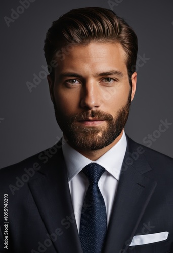 young man, business suit, confident expression, dark hair, well-groomed beard, formal attire, professional setting, studio lighting, portrait orientation, dark background 