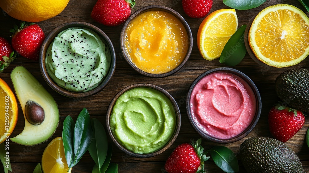 Four Colorful Fruit Smoothies In Bowls With Fresh Fruit Four Colorful Fruit Smoothies In Bowls With Fresh Fruit