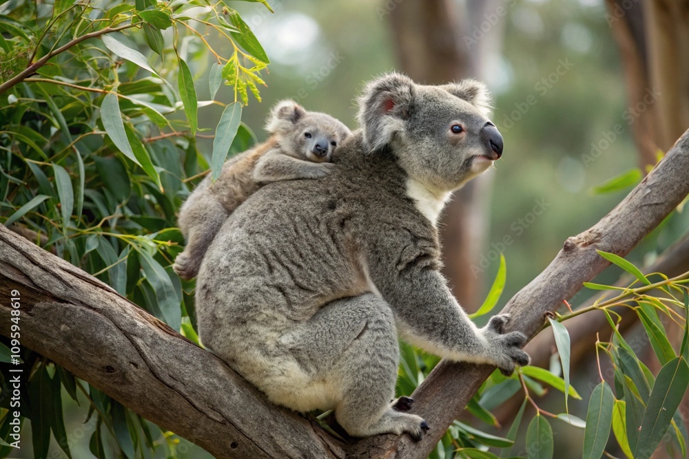 Mother koala with baby on her back Mother koala with baby on her back