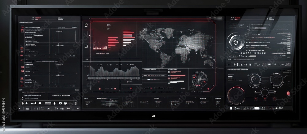 Futuristic digital display showing global data, graphs, and charts on a large monitor. Futuristic digital display showing global data, graphs, and charts on a large monitor.