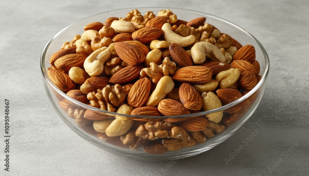 A Close-Up View of a Transparent Bowl Filled with an Assortment of Raw Nuts Including Almonds, Cashews, Walnuts, and Pecans on a Light Textured Surface A Close-Up View of a Transparent Bowl Filled with an Assortment of Raw Nuts Including Almonds, Cashews, Walnuts, and Pecans on a Light Textured Surface