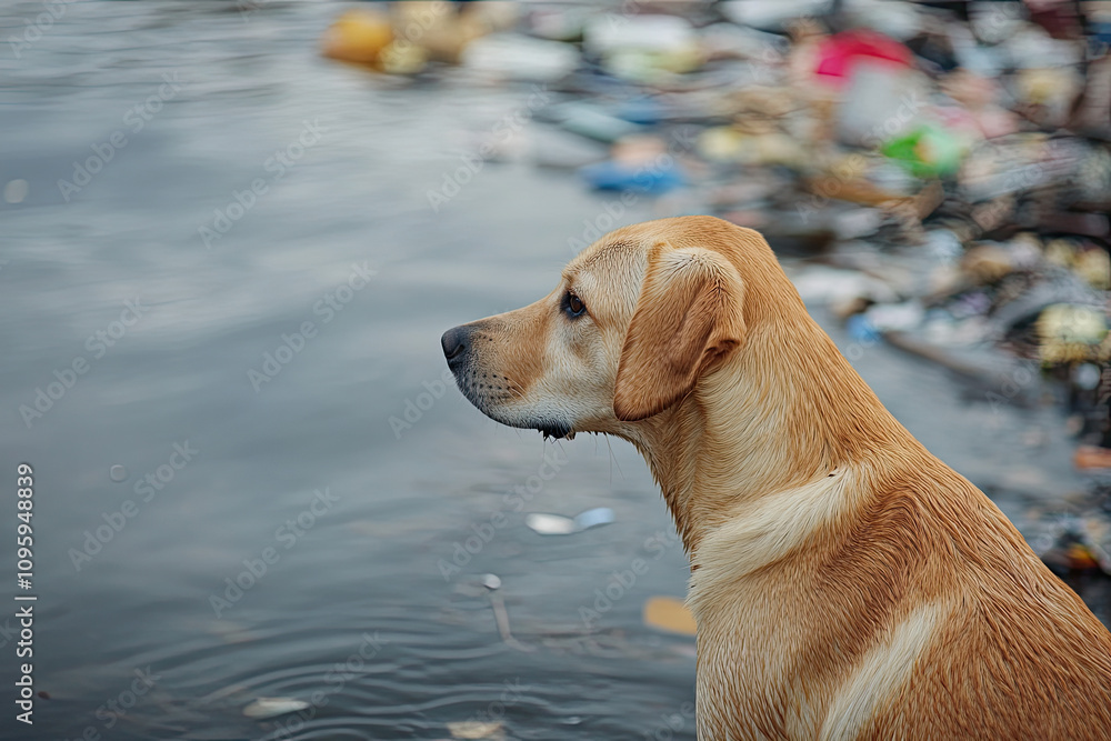 A dog standing near a polluted water body, with visible trash floating around A dog standing near a polluted water body, with visible trash floating around