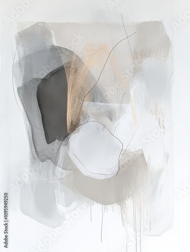 Abstract painting in shades of gray, beige, and gold with a white background.