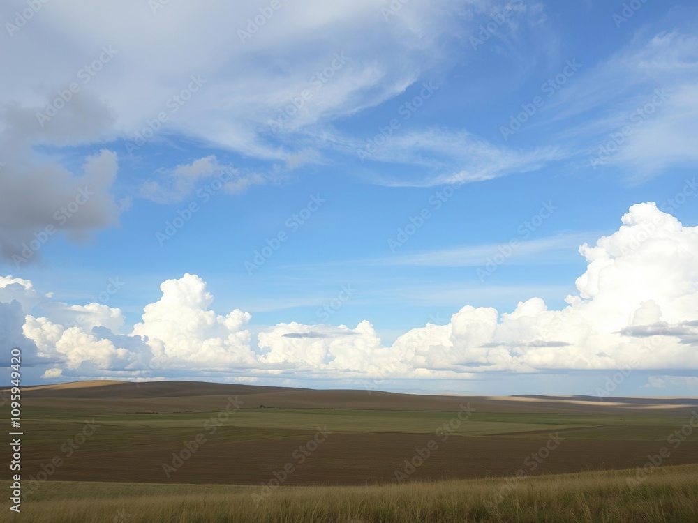 A serene landscape with a vast expanse of sky featuring big puffy clouds in shades of white and cream, atmospheric effects, panoramic sky, serene landscape A serene landscape with a vast expanse of sky featuring big puffy clouds in shades of white and cream, atmospheric effects, panoramic sky, serene landscape