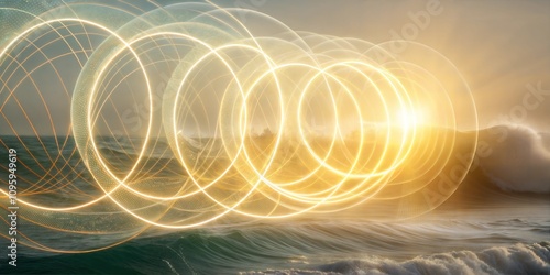 Dynamic theta healing energy background featuring swirling light circles over ocean waves at sunset
