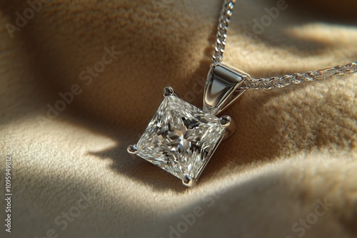 A solitaire princess-cut diamond pendant isolated, its brilliance and clarity emphasized against a soft velvet background. The sparkling gemstone’s clarity and intricate facets shine in the light
