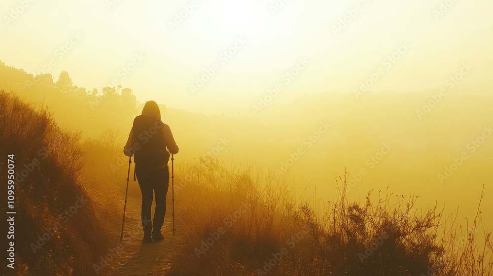 Woman Walking with Stick on Mountain Trail at Sunset Woman Walking with Stick on Mountain Trail at Sunset
