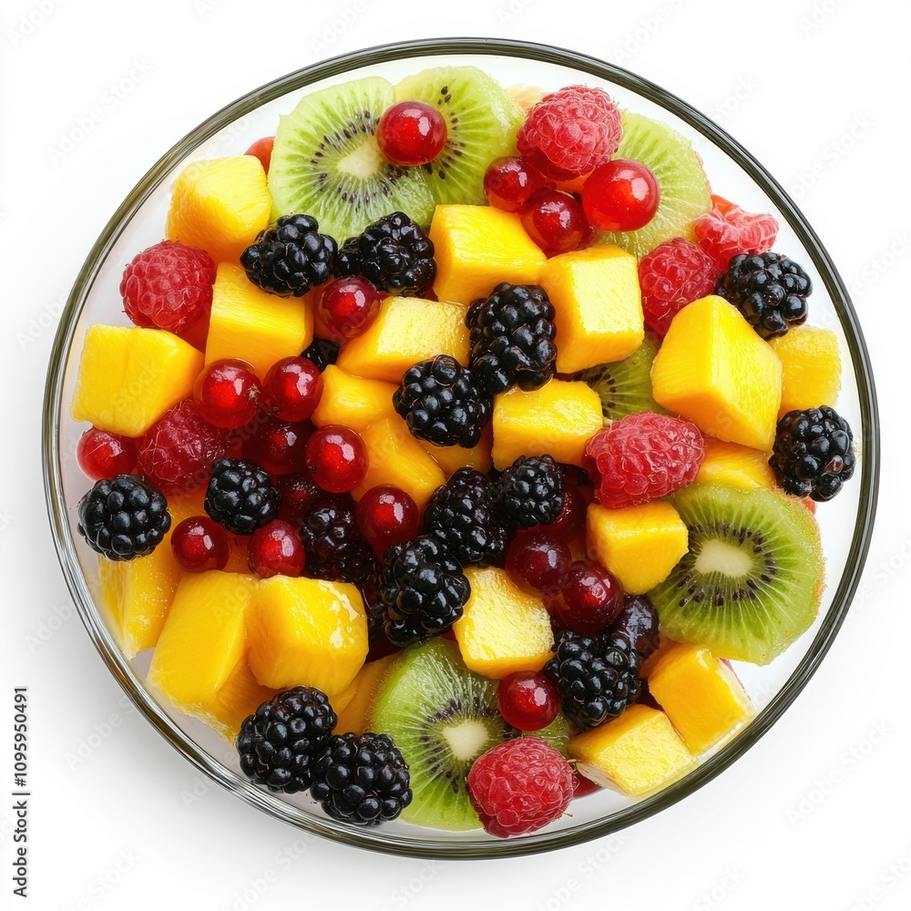 A glass bowl filled with a colorful fruit salad. A glass bowl filled with a colorful fruit salad.