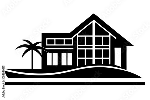 Silhouette of a Luxury Resort Hotel with Palm Trees.