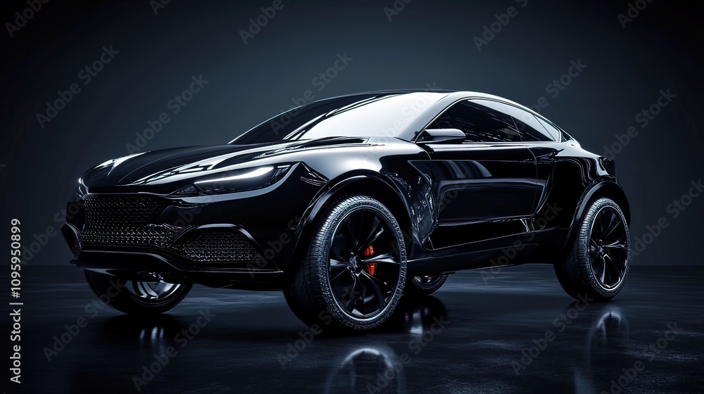 Sleek black luxury SUV on dark reflective surface. Sleek black luxury SUV on dark reflective surface.